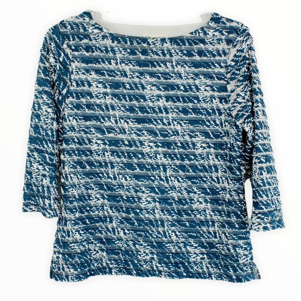 Women’s Blue & White Coldwater Creek Ruffle Shirt, 3/4 sleeves, Size Medium